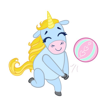 Cartoon light blue unicorn playing with a ball. Colorful vector character
