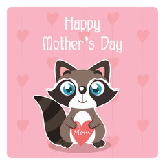 Mother's Day illustration with cute raccoon holding a heart