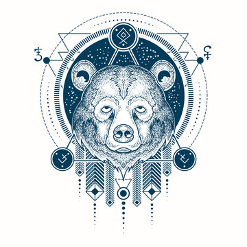 Vector illustration of a front view of a bear s head, geometric sketch of a tattoo, print. Abstract ethnic tribal pattern.
