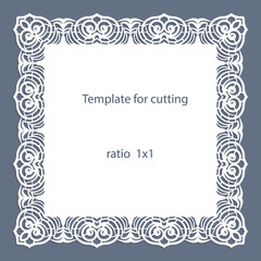 Greeting card with openwork border, paper doily under the cake, template for cutting, wedding invitation, decorative plate is laser cut, vector illustrations.