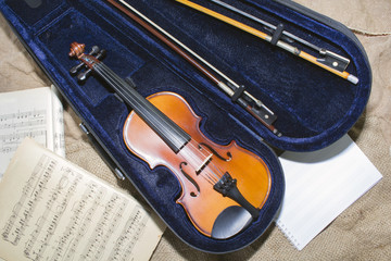 Fototapeta premium Violin neck on music papers background