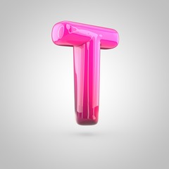 Glossy red and pink gradient paint alphabet letter T uppercase isolated on white background