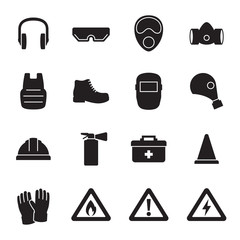 Work safety, protection equipment icons set