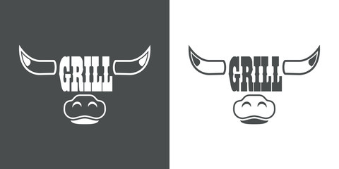 Icono plano GRILL en cabeza toro gris y blanco - obrazy, fototapety, plakaty