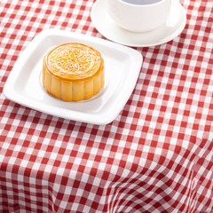 Chinese mid autumn festival foods. Traditional mooncakes on table.