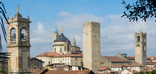 Obraz premium Bergamo - Old city (Città Alta), Italy. Landscape on the city center, the group of old towers from the old fortress