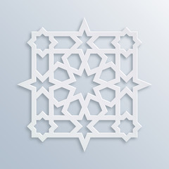 Vector muslim mosaic, persian motif. Mosque decoration element. Islamic geometric pattern. Elegant white oriental ornament, traditional arabic art. 3D mandala for brochures, invitations, greeting card