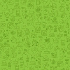 Tea seamless background with thin line icons - green tea pattern