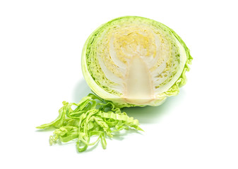Sliced green cabbage isolated on white background.