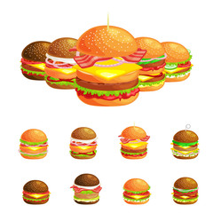 Set of tasty burgers grilled beef and fresh vegetables dressed with sauce bun for snack, american hamburger fast food meal French fries with cold soda brown ice drink vecor illustration background