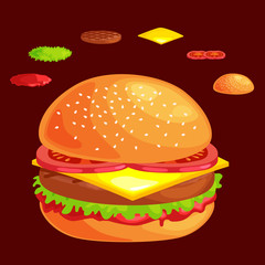 Set of burger grilled beef vegetables dressed with sauce bun snack, hamburger fast food meal menu barbecue meat with detailed individual flying slices menu ingredients vecor illustration background