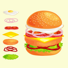Set of burger grilled beef vegetables dressed with sauce bun snack, hamburger fast food meal menu barbecue meat with detailed individual flying slices menu ingredients vecor illustration background