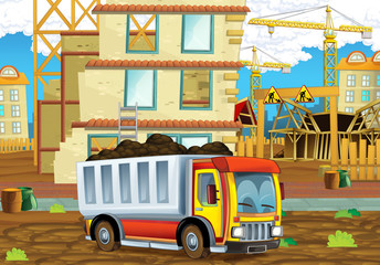 cartoon scene of a construction site with heavy truck loader - illustration for children