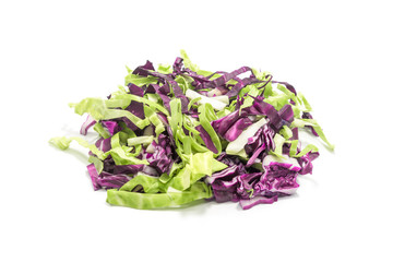 Sliced Green and Purple cabbage on white background.