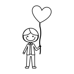 monochrome contour of caricature of smiling kid with bow tie and balloon in shape of heart vector illustration