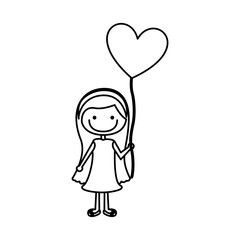 monochrome contour of caricature of smiling girl with dress and long hair with balloon in shape of heart vector illustration