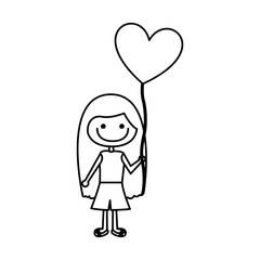 monochrome contour of caricature of smiling girl with t-shirt and short pants and balloon in shape of heart vector illustration