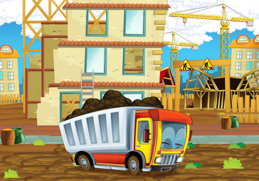 cartoon scene of a construction site with heavy truck loader - illustration for children