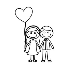 monochrome contour of caricature of couple him in formal suit and her in dress with balloon in shape of heart vector illustration