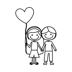 monochrome contour of caricature of couple kids in casual clothes with balloon in shape of heart vector illustration