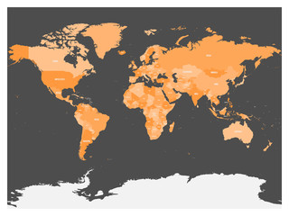 Political map of world with Antarctica. Countries in four shades of orange without borders on dark grey background. White labels with states and significant dependent territories names. High detail