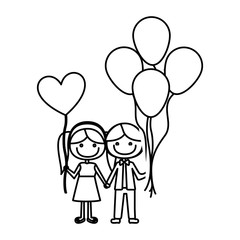 monochrome contour of caricature of boy with many balloons and her with balloon in shape of heart vector illustration