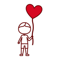 red silhouette of caricature of faceless kid with t-shirt and short pants with balloon in shape of heart vector illustration