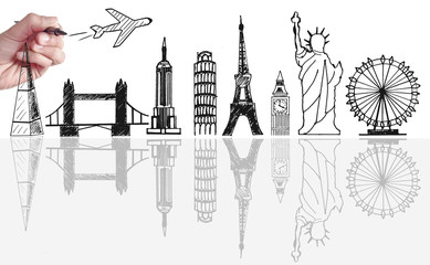 Global travel tourist landmarks skyline sketch