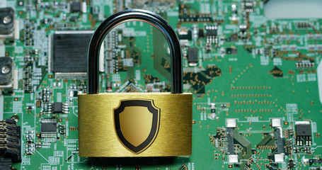 Macro shot of a chip, futuristic and modern advanced technology system. The circuit is used in the computer processor and the hi-tech communication and business security and information and assistance