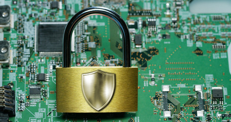 Macro shot of a chip, futuristic and modern advanced technology system. The circuit is used in the computer processor and the hi-tech communication and business security and information and assistance