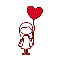 red silhouette of caricature faceless girl with dress and long hair with balloon in shape of heart vector illustration