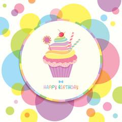Birthday card with cupcake on colorful background.