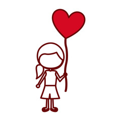 red silhouette of caricature faceless girl with short pants and ponytail hair and balloon in shape of heart vector illustration