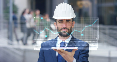 A engineer uses a future technology platform to verify the graphic in holography and augmented...