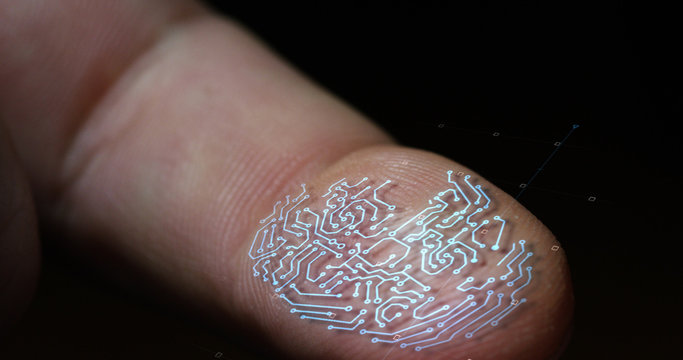 futuristic digital processing of biometric fingerprint scanner. concept of surveillance and security scanning of digital programs and fingerprint biometrics. cyber futuristic applications.	