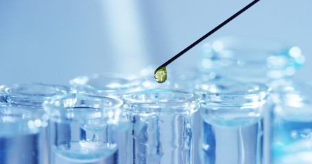 In a laboratory, a scientist with a pipette analyzes a colored liquid to extract the DNA and molecules in the test tubes. Concept: research, biochemistry, nature, pharmaceutical medicine	