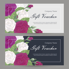 Vector gift voucher floral pattern with flowers. Bordeaux and red roses with leaves and buds. Concept boutique, jewelry, flower shop, beauty salon, spa, fashion, for flyer, banner, business card