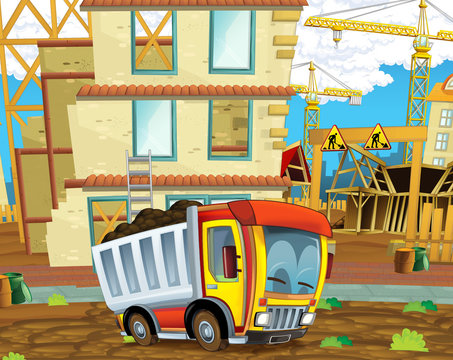 cartoon scene of a construction site with heavy truck loader - illustration for children