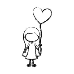 monochrome sketch of caricature faceless girl with dress and long hair with balloon in shape of heart vector illustration