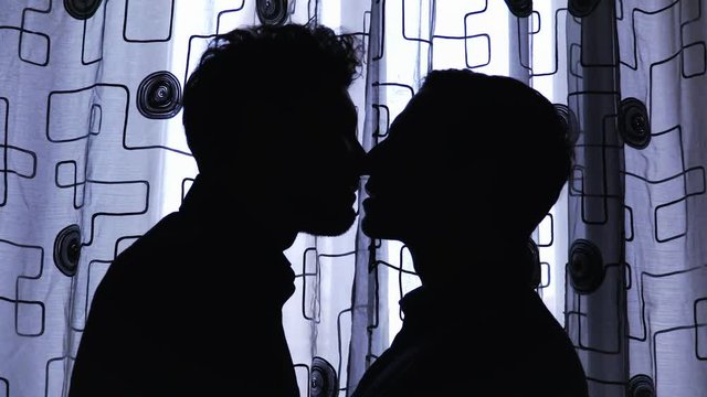 Gay love: Silhouette of two men kissing gently,indoor