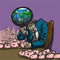greedy businessman destroying earth for money - conceptual vector environmental issue