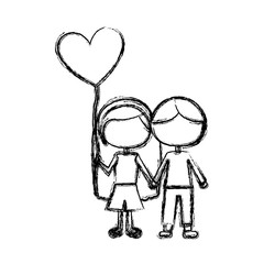 monochrome sketch of caricature faceless couple kids in casual clothes with balloon in shape of heart vector illustration