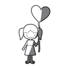grayscale silhouette of caricature of smiling girl in dress with balloon in shape of heart vector illustration