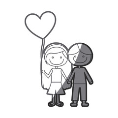 grayscale silhouette of caricature of couple kids in casual clothes with balloon in shape of heart vector illustration