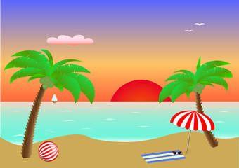 Fototapeta na wymiar Seascape sunset, two palms and beach accessories on sand in the sea, postcard, horizontal
