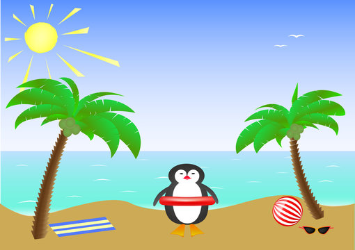 Two palm trees and a cute smiling penguin wearing sunglasses on a sandy island in the sea