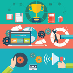 Set of flat design vector illustration concepts for website layout, mobile phone services and apps, and computer tablet services and apps. Concepts for web banners and printed materials