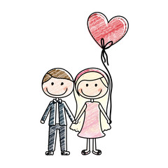 color pencil drawing of caricature couple of him in formal suit and her in dress with balloon in shape of heart vector illustration