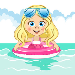 Obraz na płótnie Canvas Vector cute blonde girl with cool blue sunglasses swims in the sea with swiming ring