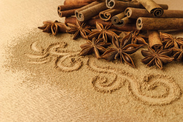 Anise and cinnamon sticks on satin fabric, close-up